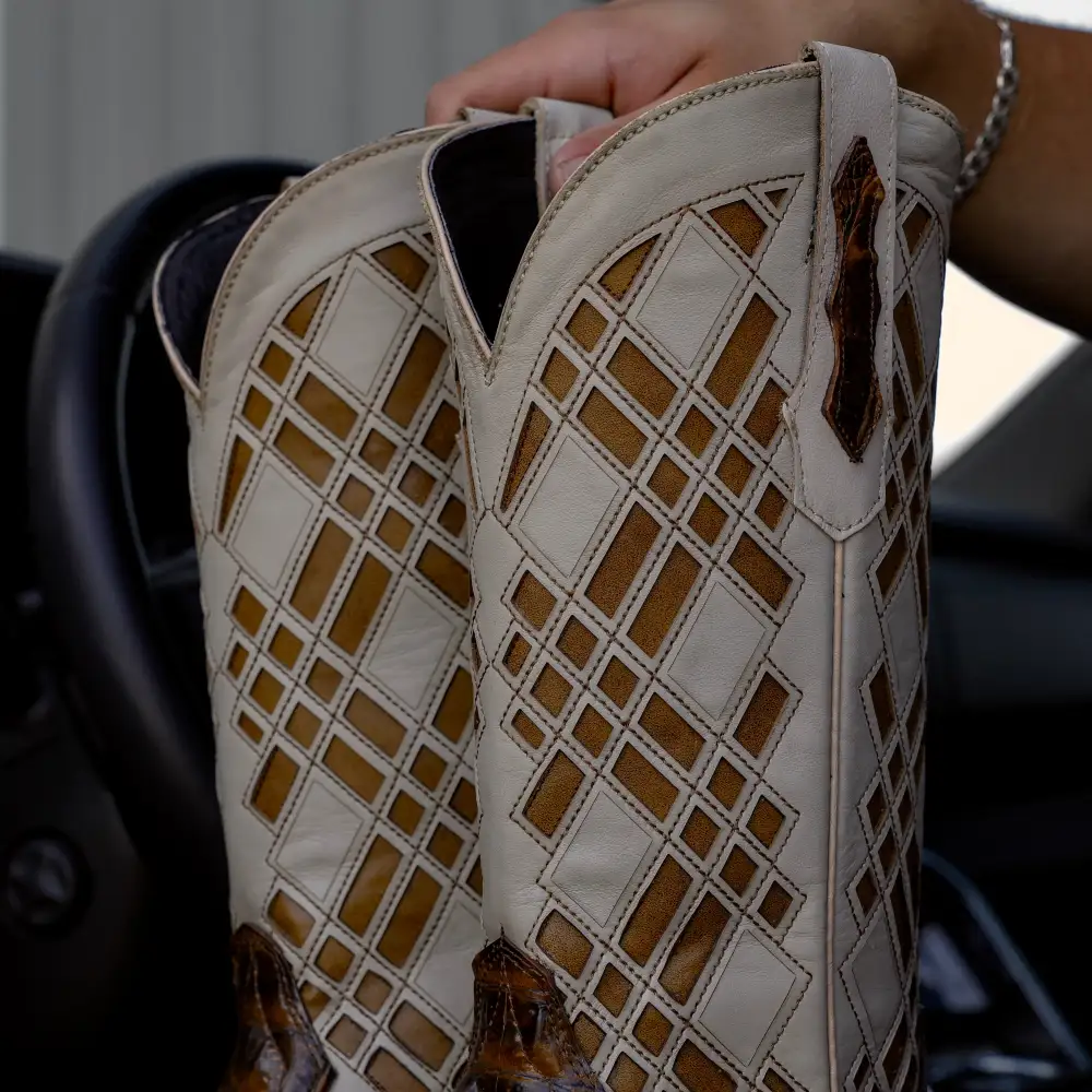 Honey Caiman Neck Leather Boots - Square Toe