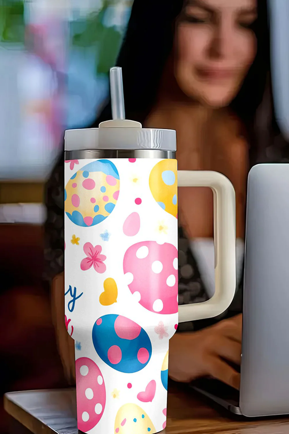 White Happy Easter Bunny Eggs Printed Thermal Tumbler