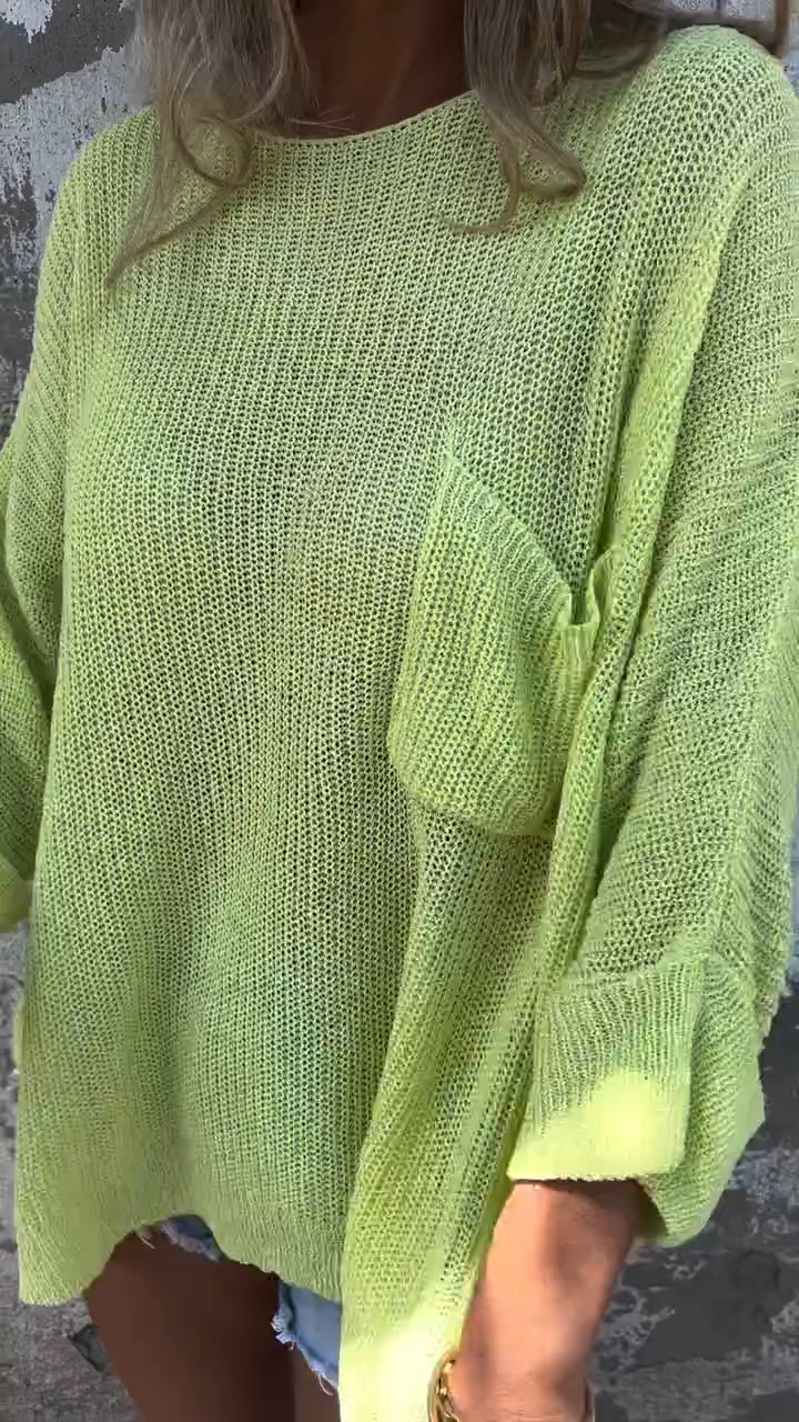 Solid Color Knit Pocket Crewneck Sweater