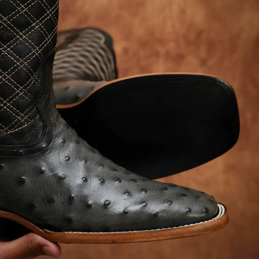 Grey Ostrich Leather Boots - Square Toe
