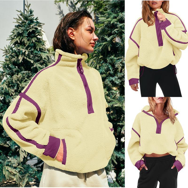 Women's Half Zip Sherpa Fleece Pullover – Color Block Oversized Cozy Sweatshirt with Pockets