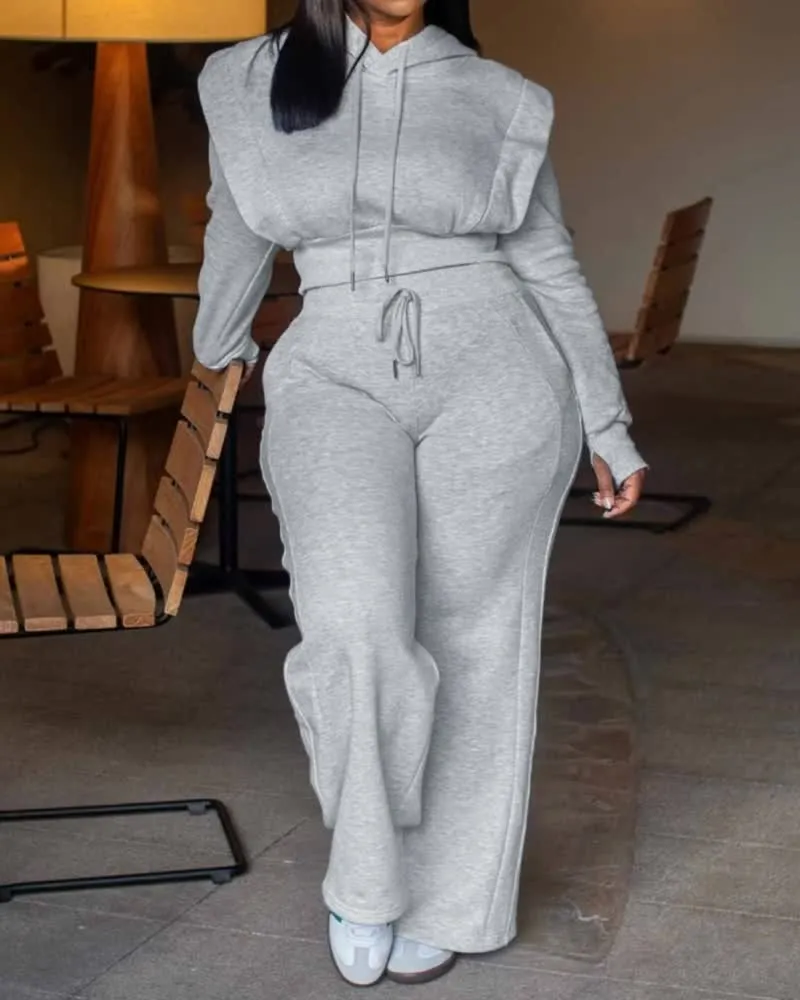 Hooded Long Sleeve Sweatshirt and Casual Wide Leg Sweatpants Set