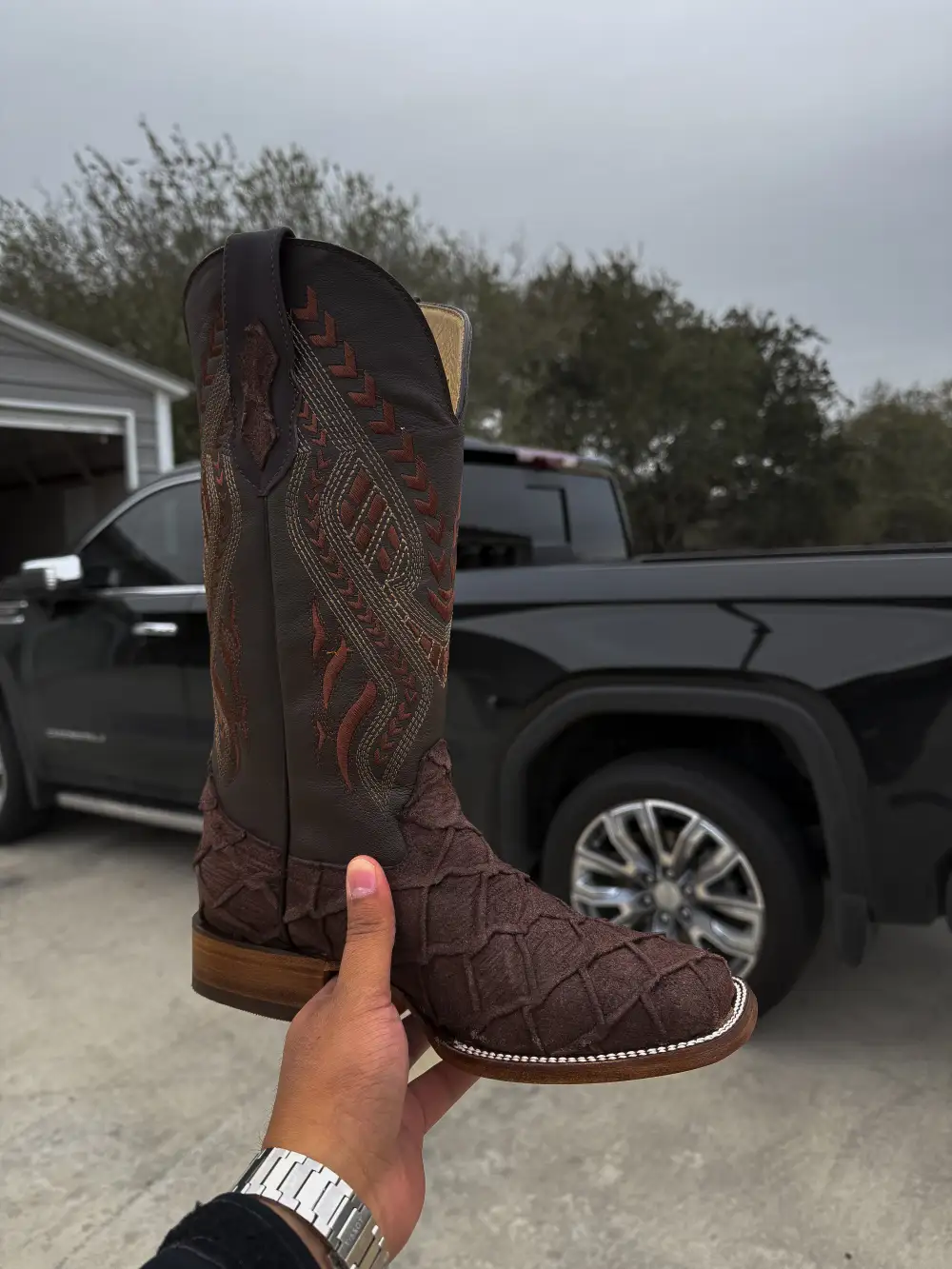 Chocolate Brown Rough-Out Pirarucu Leather Boots - Square Toe