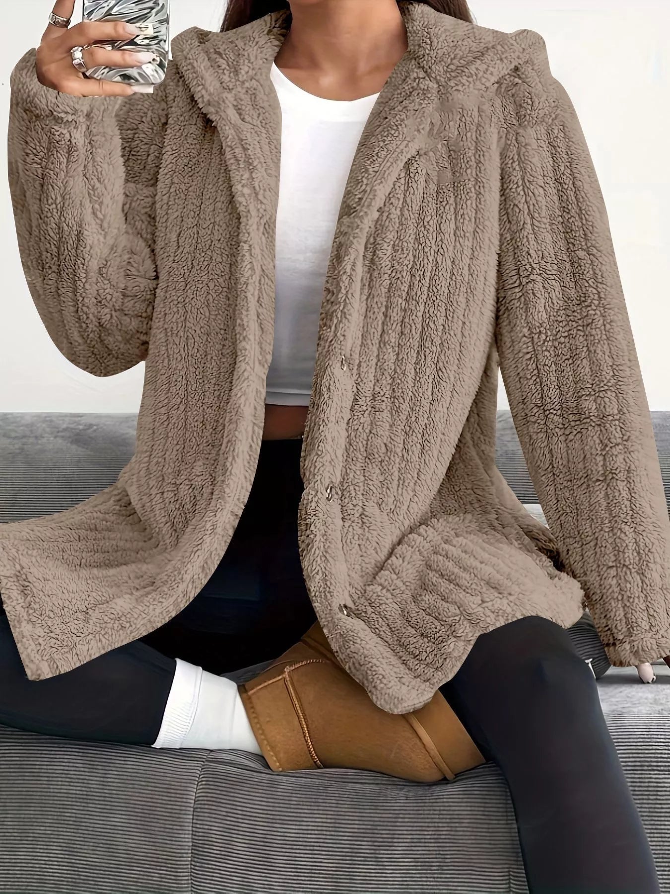 Full Size Fleece Button Up Hooded Outerwear Plus Size