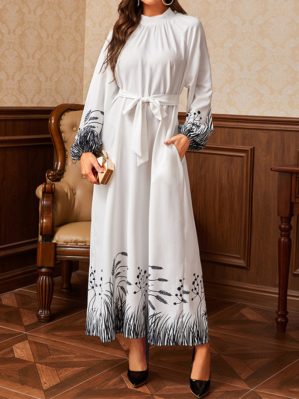 Hollow Pleated Printed Tied Waist Bishop Sleeve Long Sleeves Mock Neck Maxi Dresses