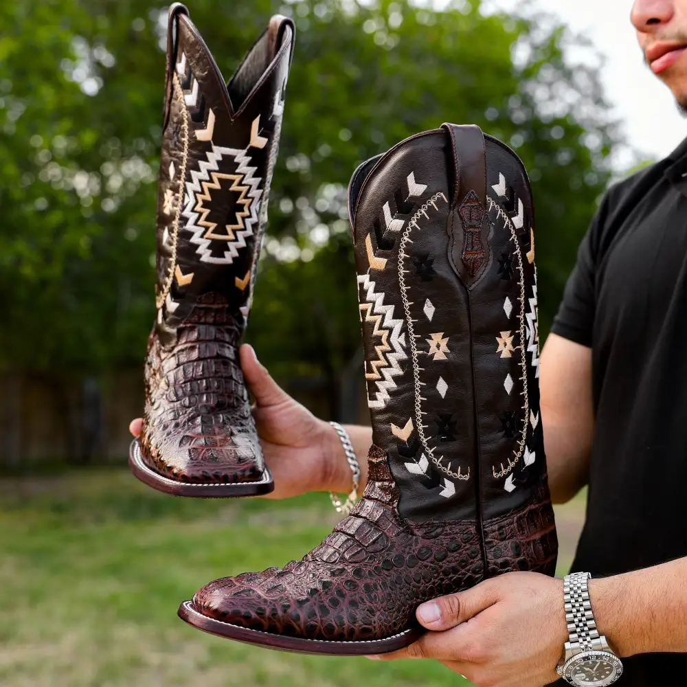 Brown Caiman Neck Leather Boots - Square Toe