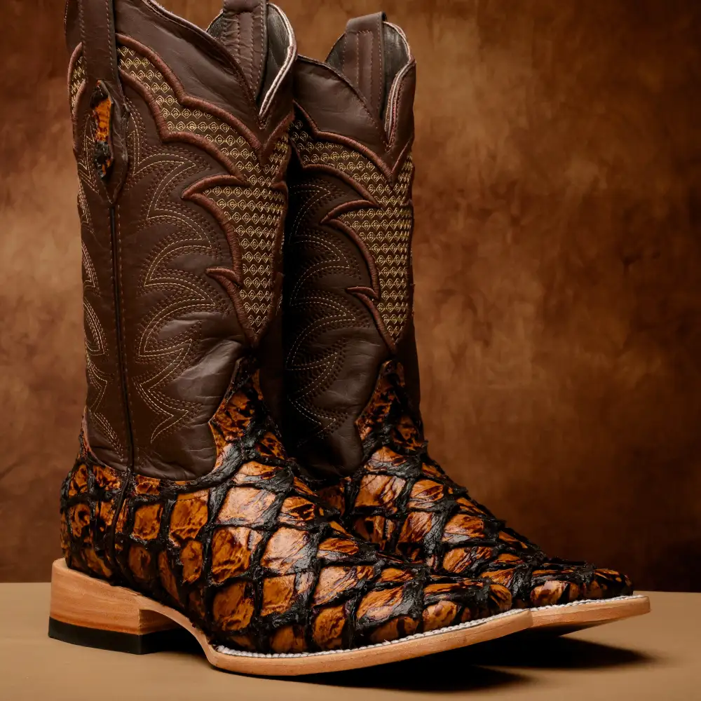 Honey Cognac Jumbo Pirarucu Leather Boots - Square Toe