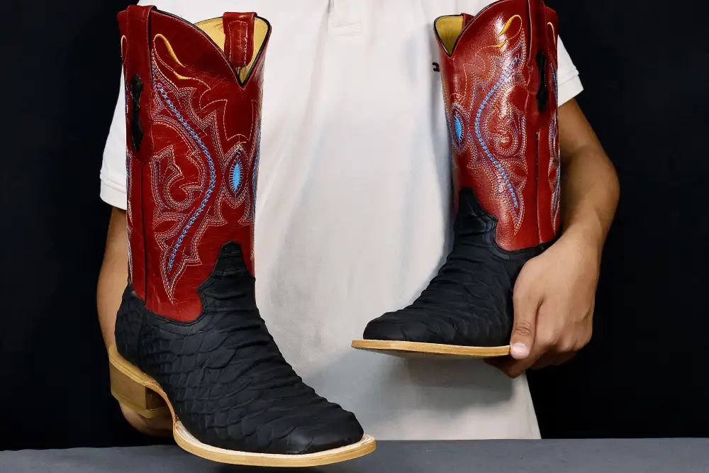 Men’s Black Anaconda Leather Boots With Red Shaft