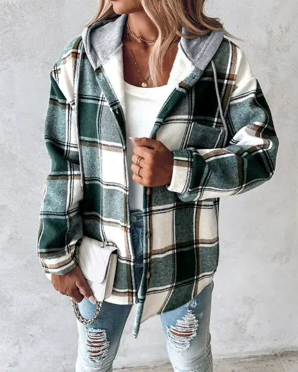 Plaid Pattern Long Sleeve Shacket Button Down Fleece Lined Hooded Jackets Warm Coat