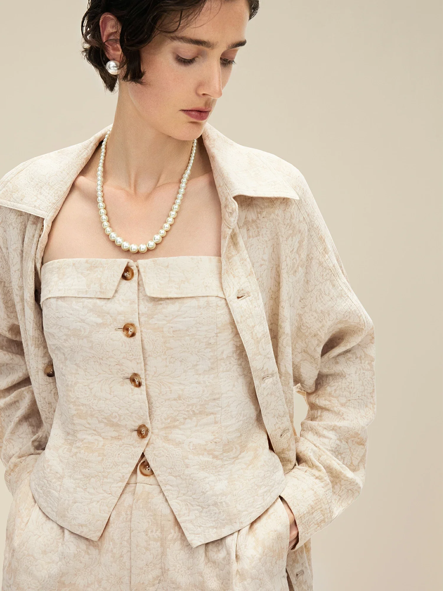 Cotton & Linen Lapel Long Sleeve Jacquard Blouse