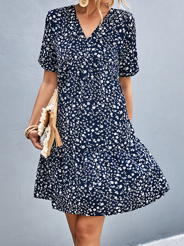 Flower Print Split-Joint Short Sleeves V-Neck Mini Dresses