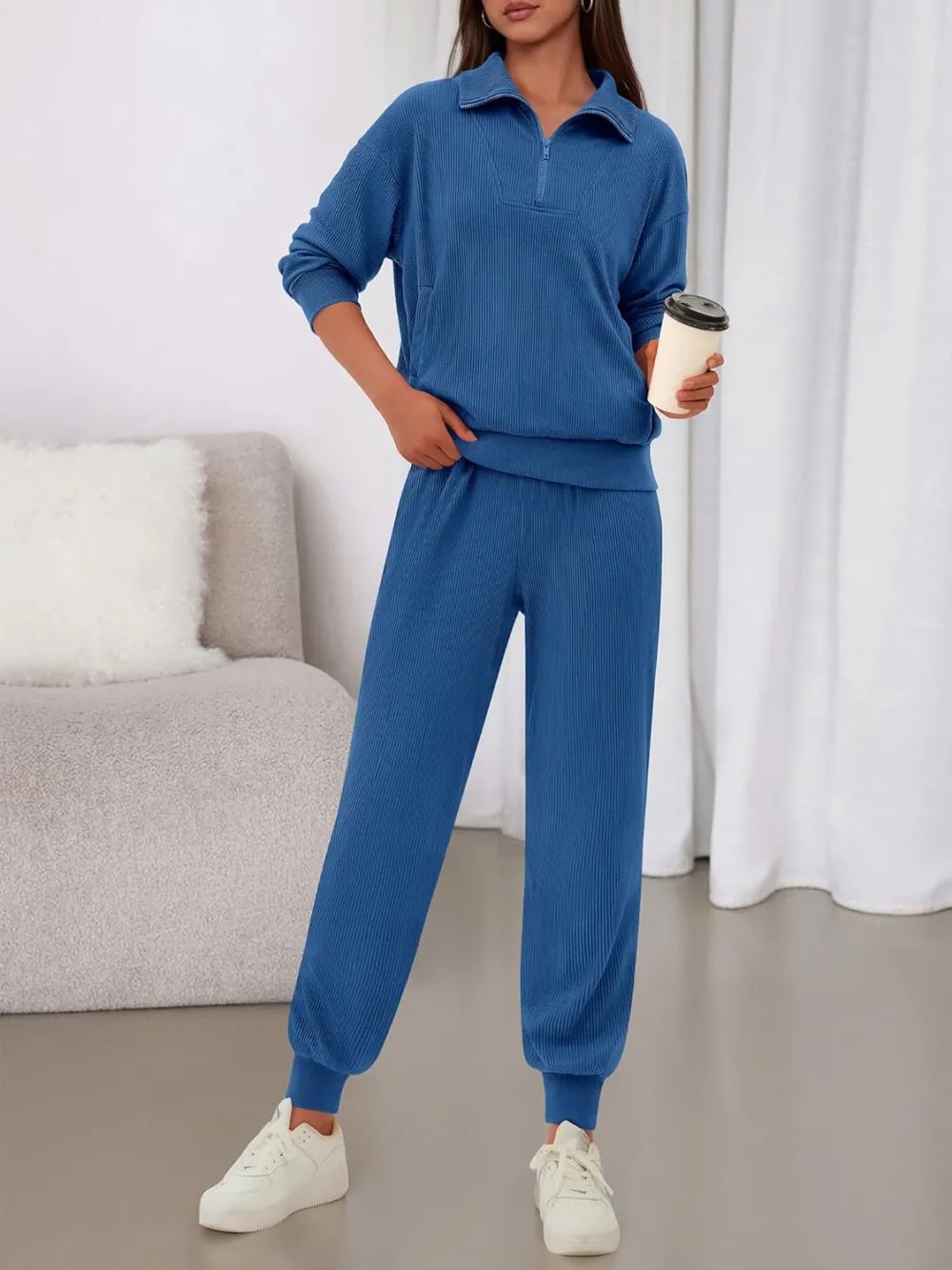 Women's Long Sleeve Half Zip Sweatshirt Sweatpants Lounge Set Sweatsuits with Pockets
