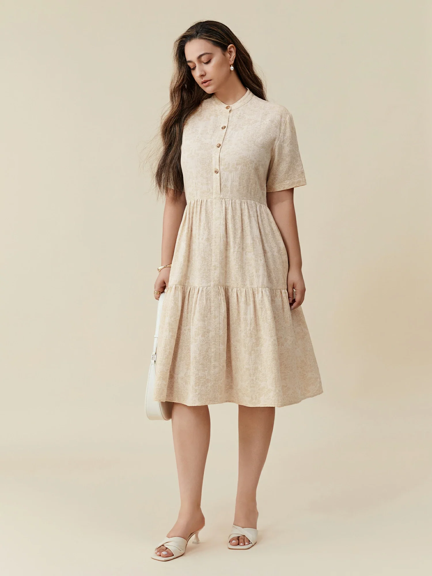 Cotton & Linen Stand Collar Short Sleeve Loose Ruffle Dress