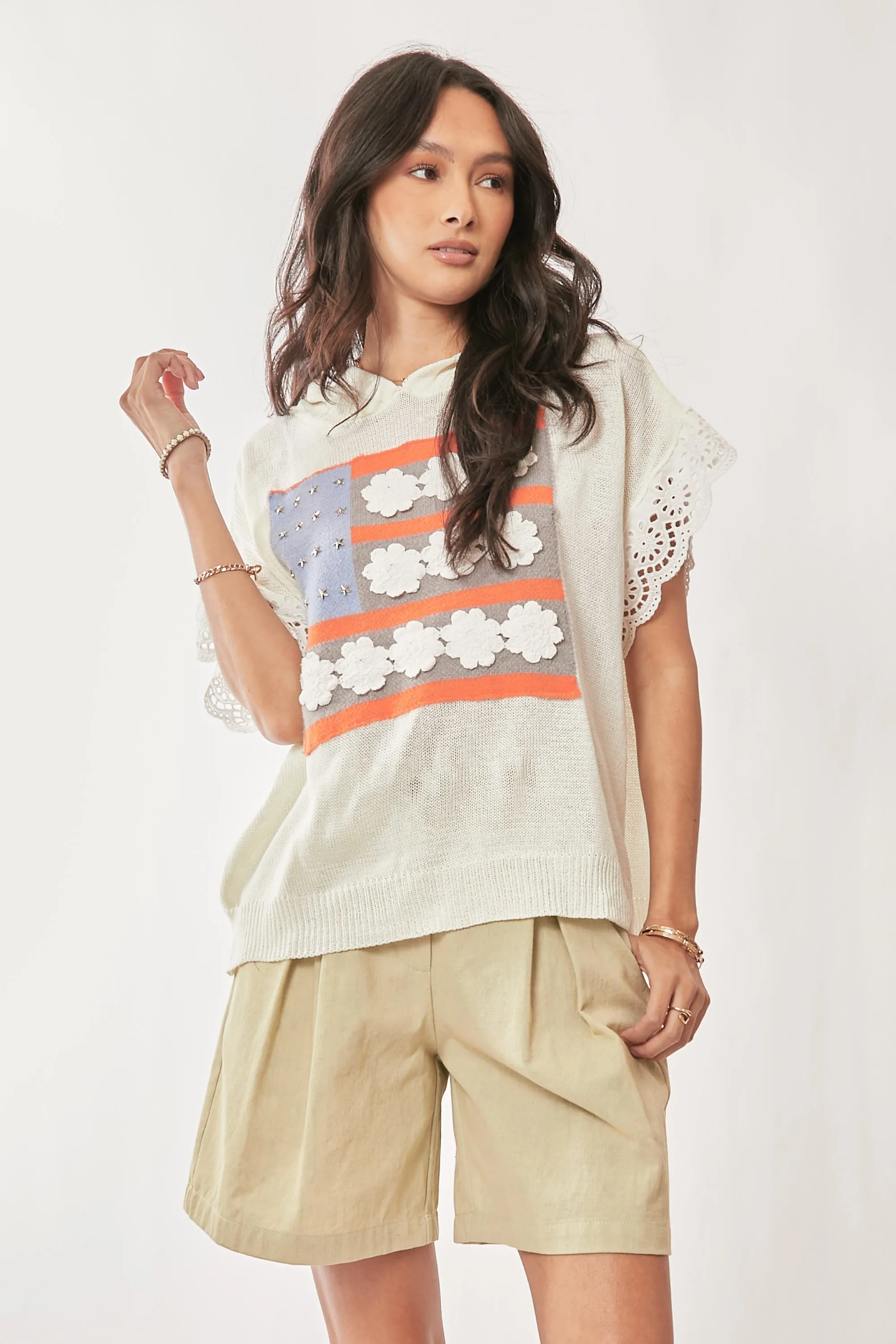 American Flag Loose Fit Lace Sleeve Hoodie Top