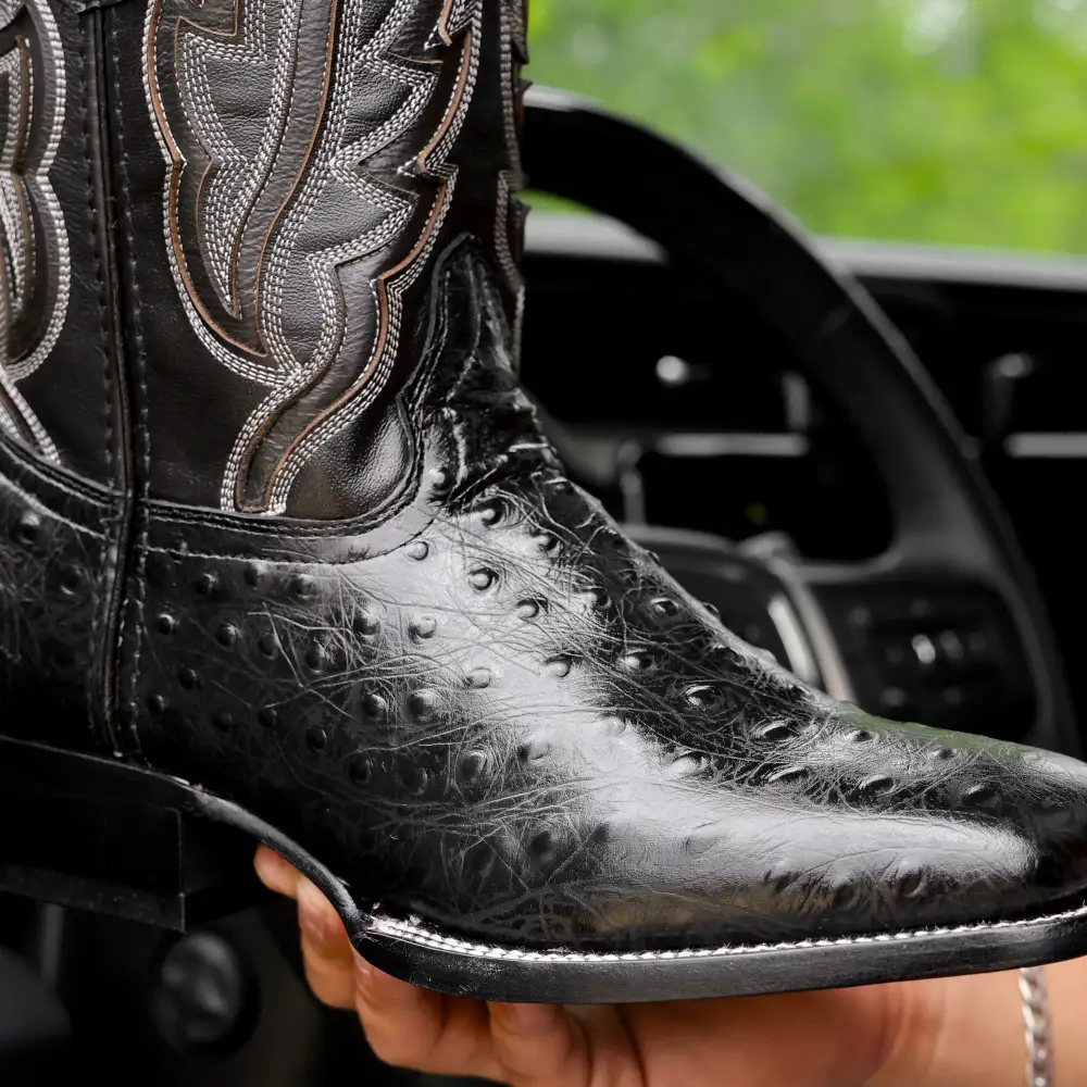Black Ostrich Leather Boots - Square Toe