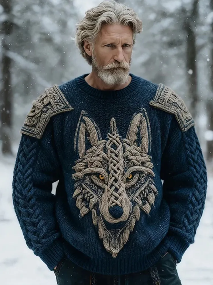 Men's Vintage Wolf Head Celtic Knot Crew Neck Sweater