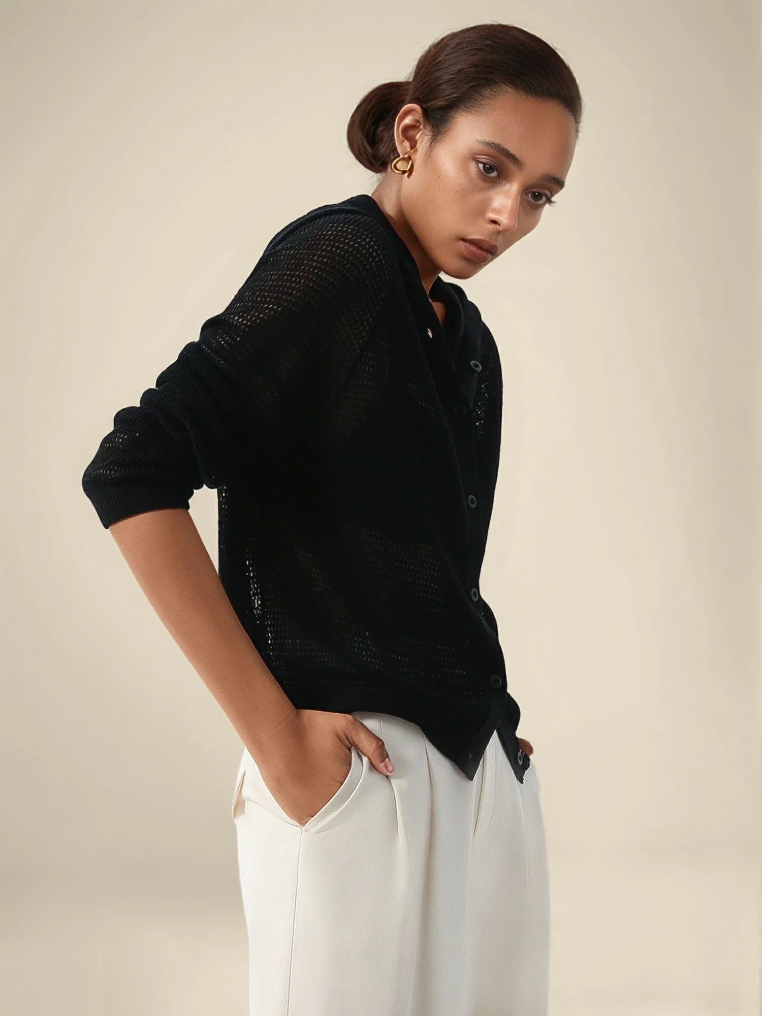 Linen & Lyocell Hooded Long Sleeve Hollow Cardigan