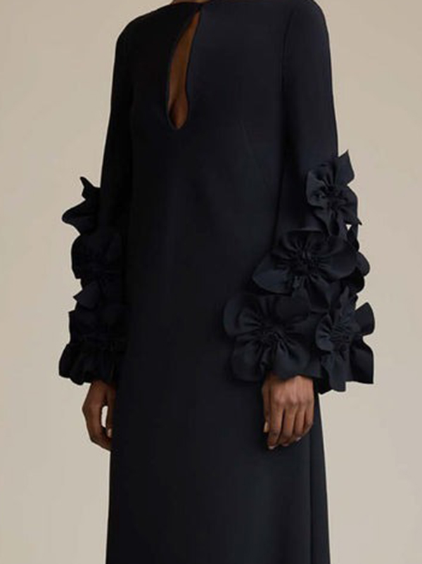 Hollow Solid Color Split-Joint Long Sleeves Loose Round-Neck Maxi Dresses Evening Dresses