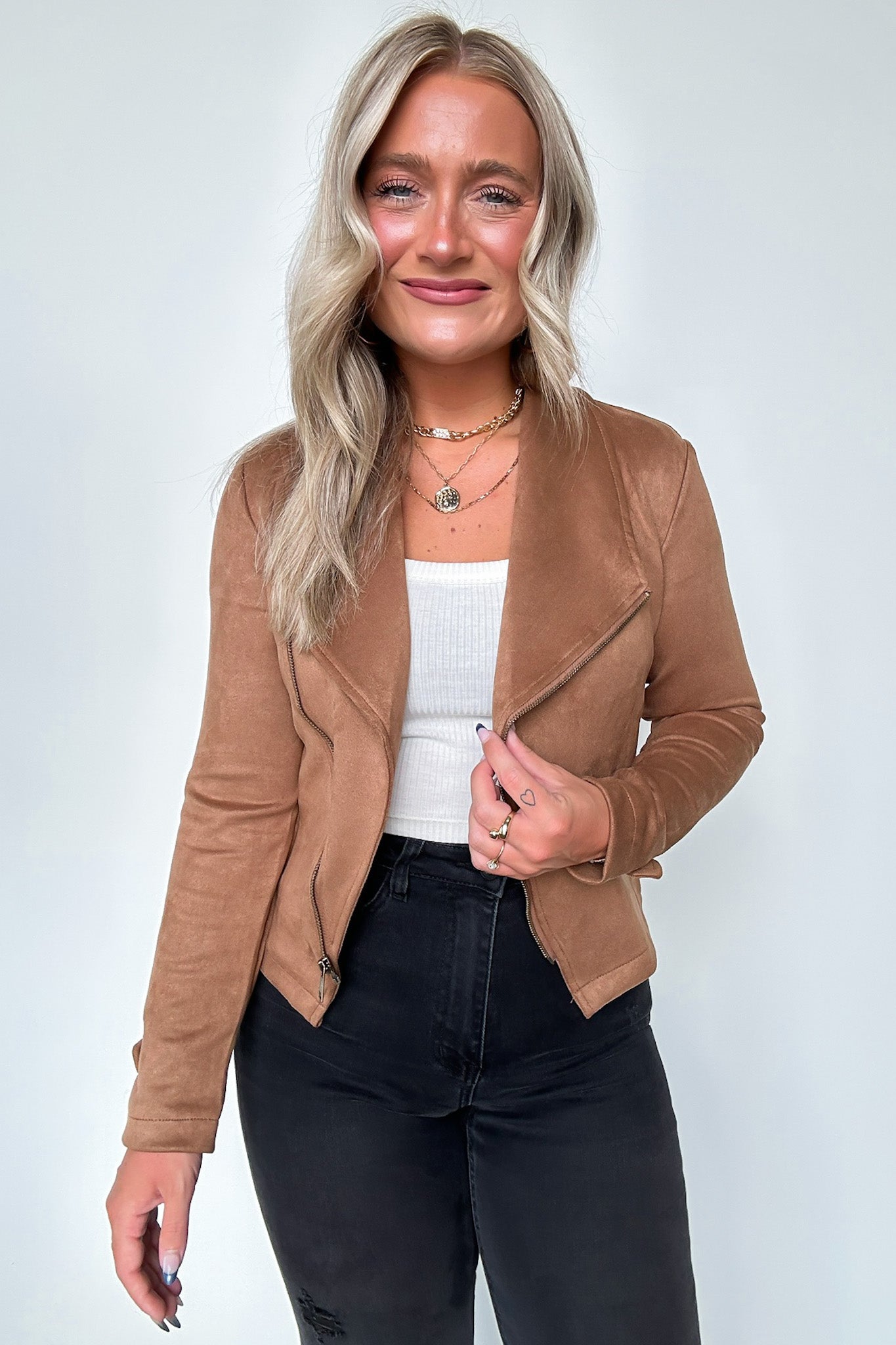 Faux Suede Zip Up Moto Jacket