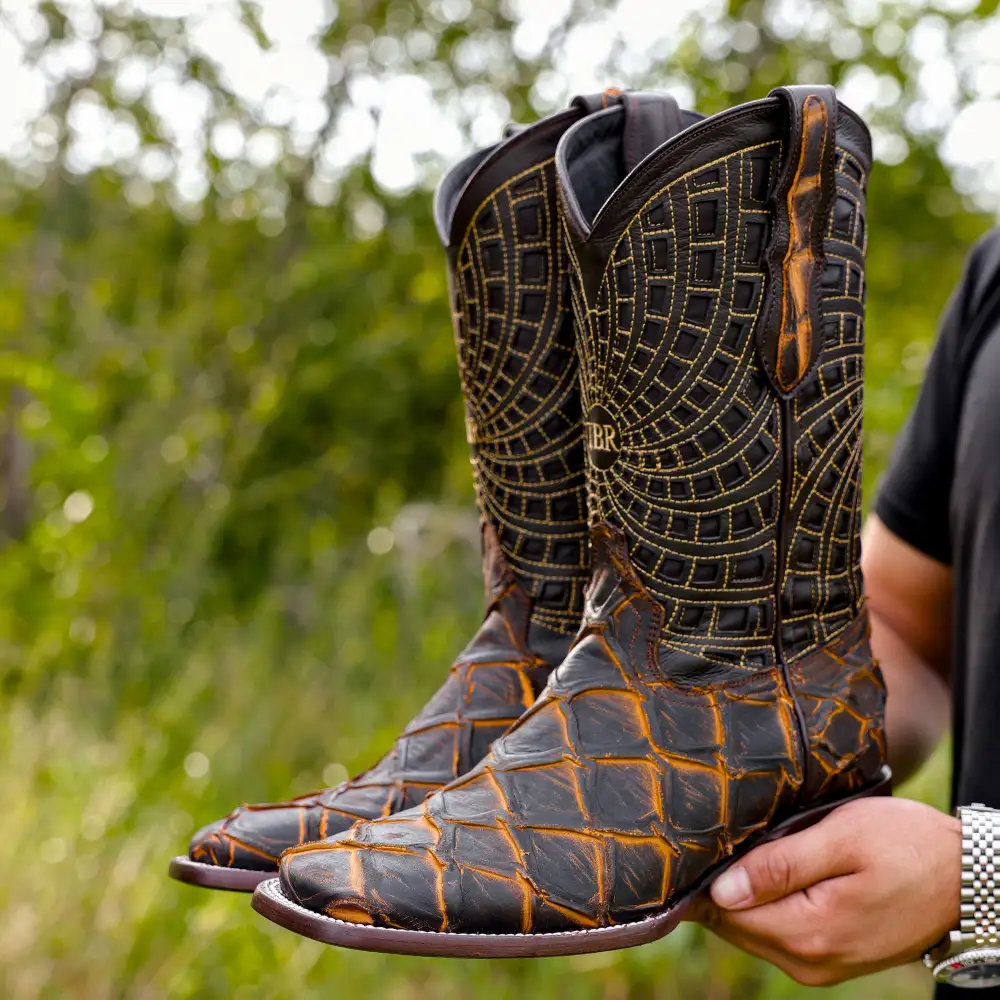 Matte Rustic Black/Honey Pirarucu Leather Boots - Square Toe