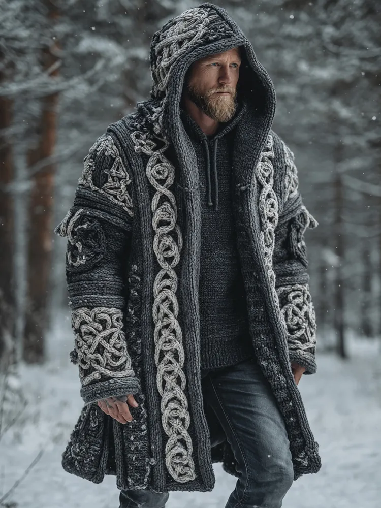 Men's Viking Style Celtic Knot Pocket Midi Cardigan Sweater