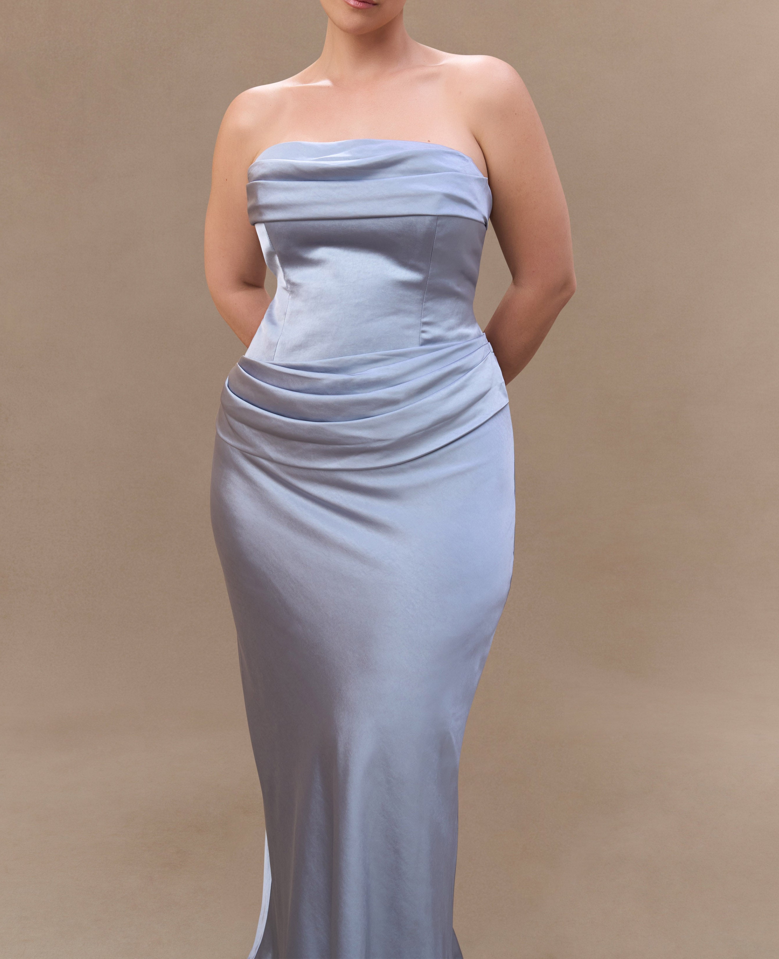 Blue Strapless Satin Maxi Dress
