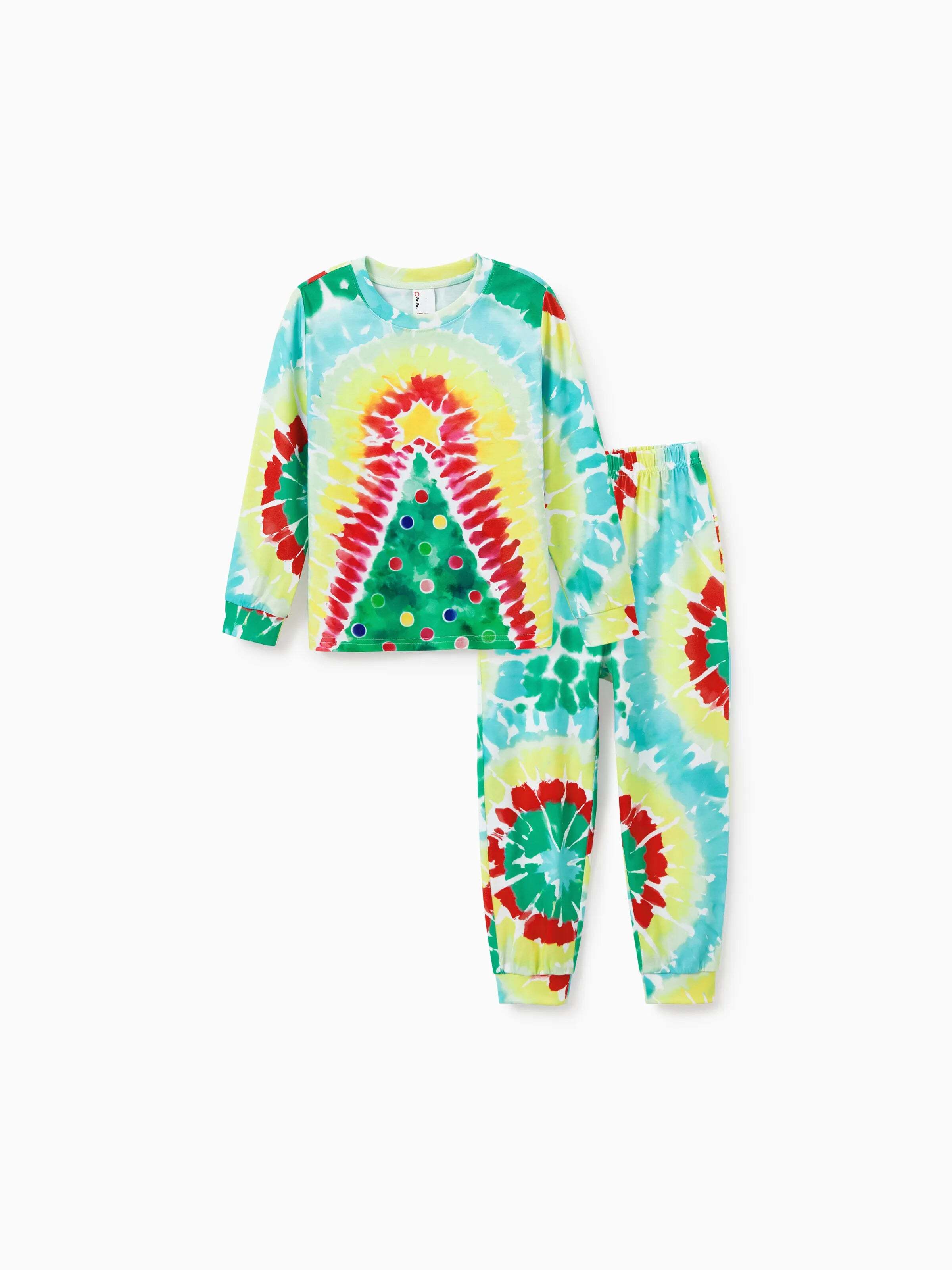 Christmas Matching Family Pajamas Set Colorful Christmas Tree Print PJS with Christmas Socks Multi-color