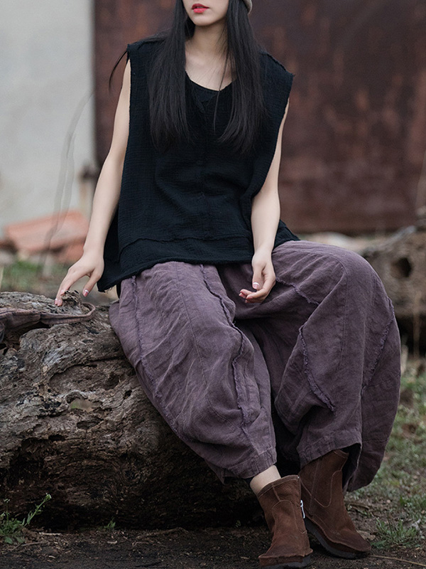 Fringed Pleated Solid Color Split-Joint Loose Sleeveless V-Neck Vest Top