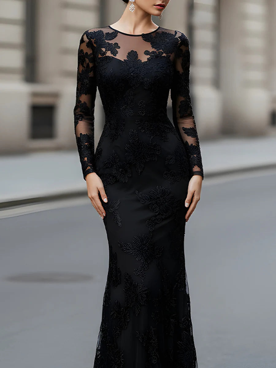 Black Floral Embroidered Illusion Evening Gown