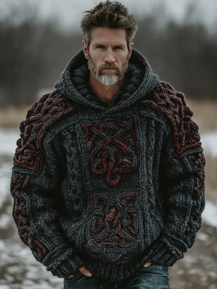 Men's Retro Contrast Celtic Knot Hooded Sweater
