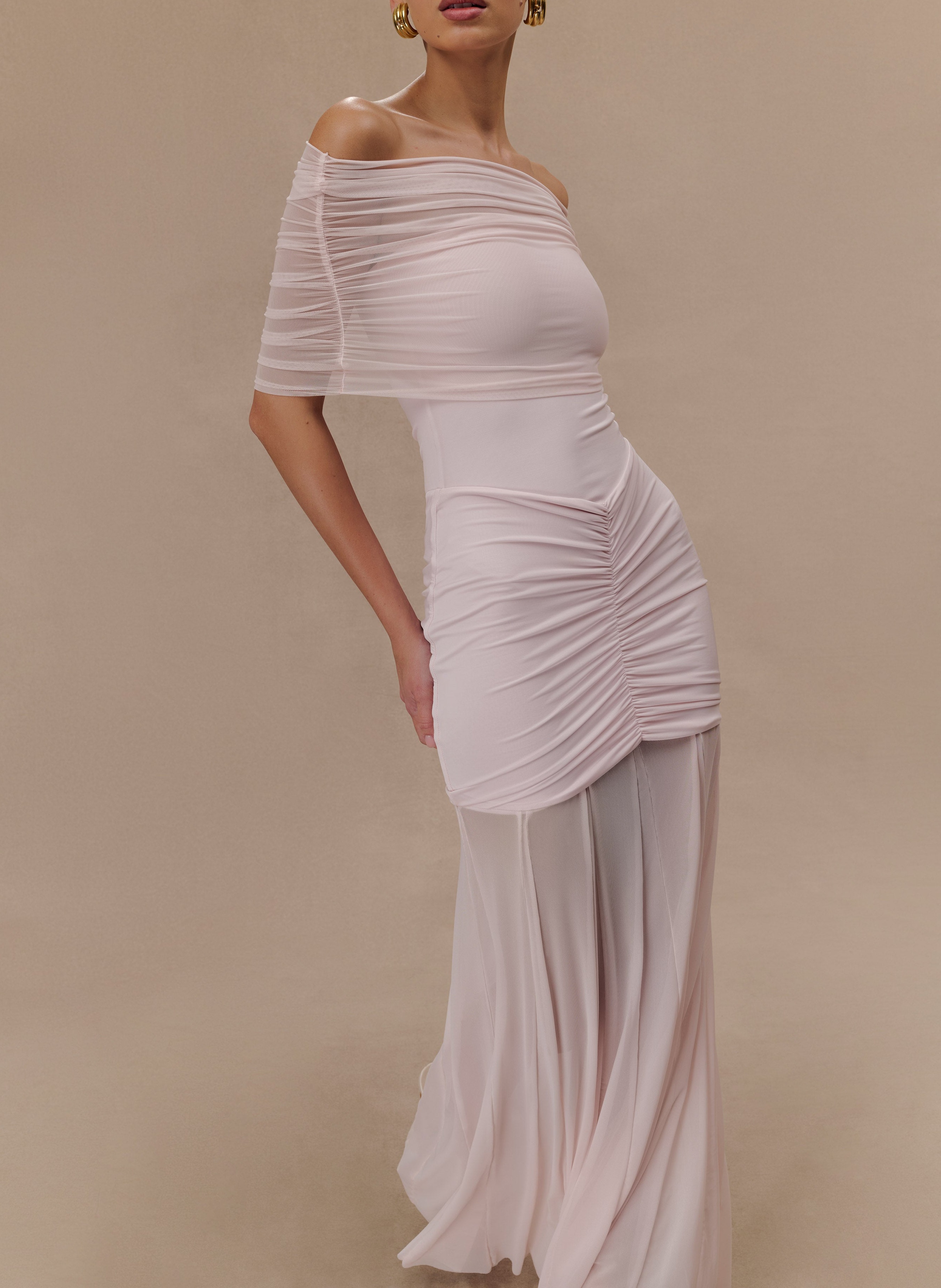 Pink Slinky And Mesh Off Shoulder Maxi Dress