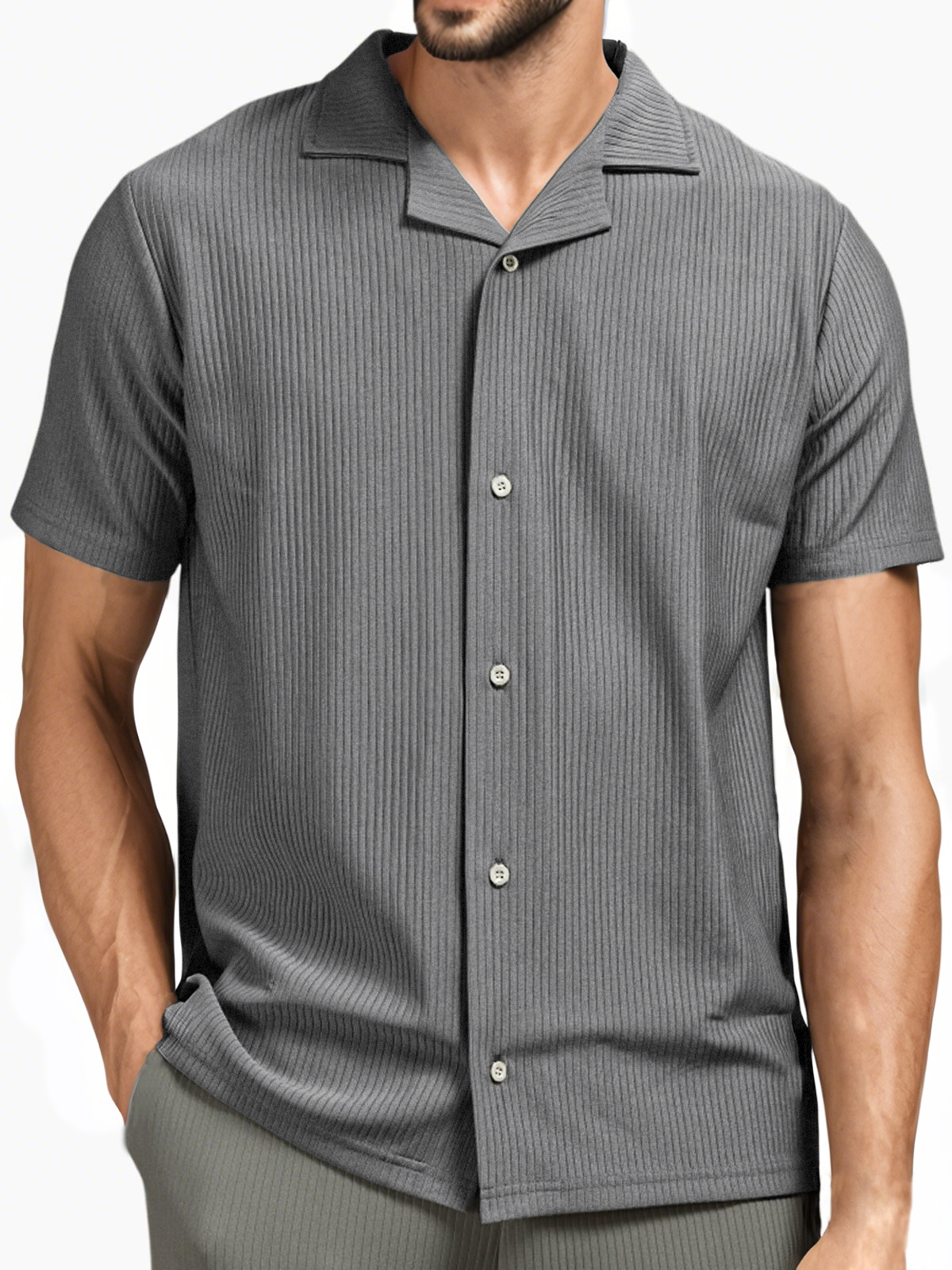 Men's Pit Stripe Pleated Cuban Collar Holiday Casual Button Short Sleeve Shirt