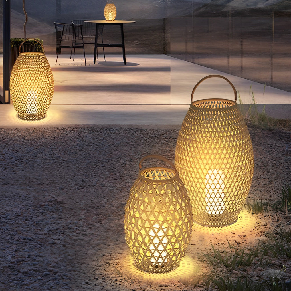 Portable Bamboo Rattan Lanterns Shape Waterproof LED Modern Lawn Light