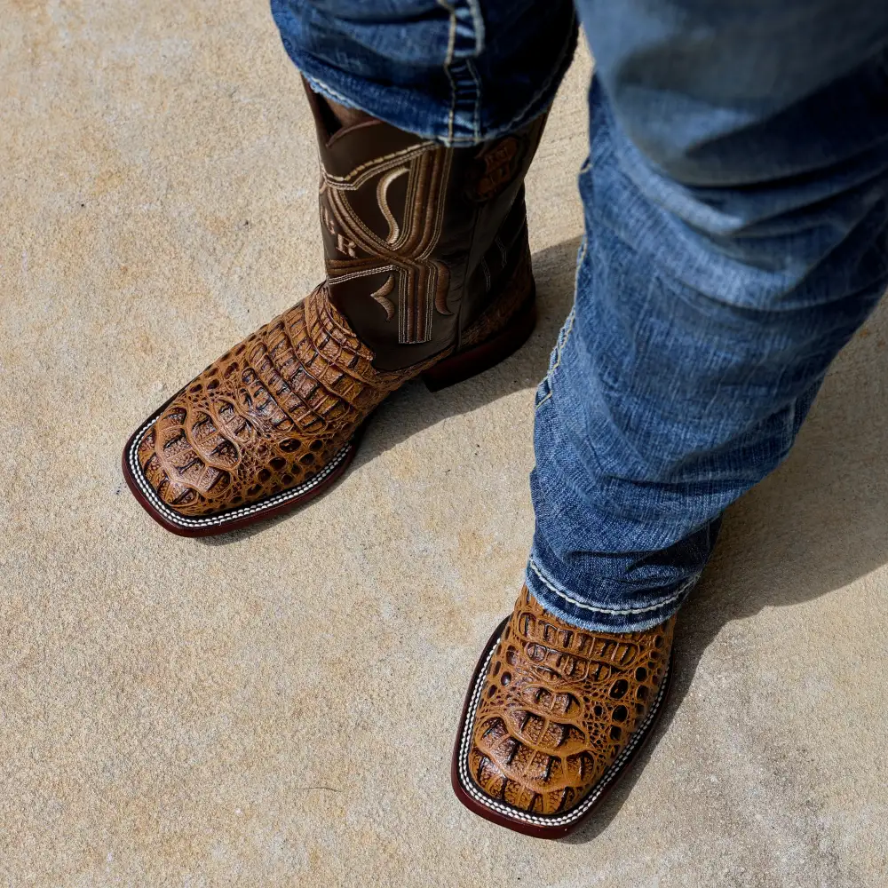 Honey Caiman Neck Leather Boots - Square Toe