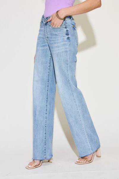 Blue Full Size V Front Waistband Straight Jeans
