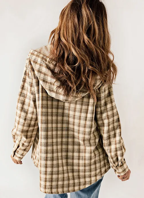 Women's Plaid / Houndstooth Print Button Front Hooded Coat