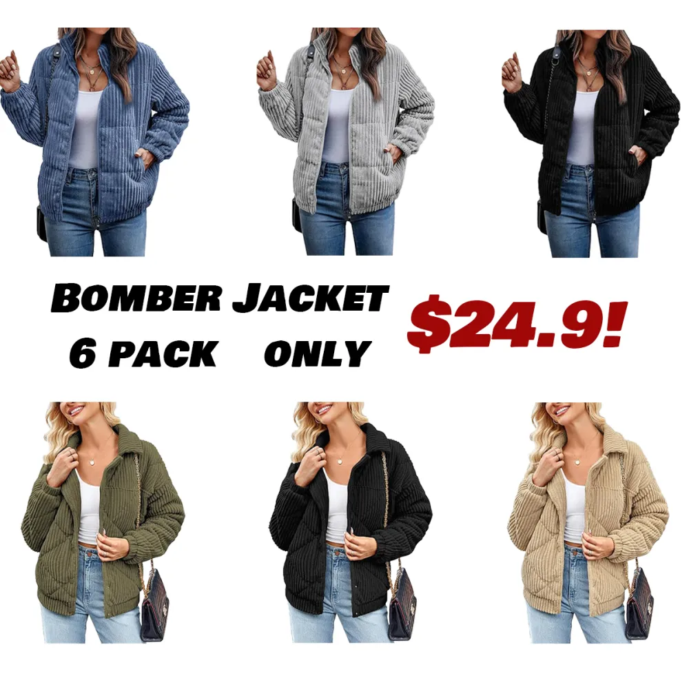 Women's Bomber Jacket Corduroy Ribbed Quilted Zip Up Long Sleeve Winter Coat Fall Outerwear Tops with Pockets