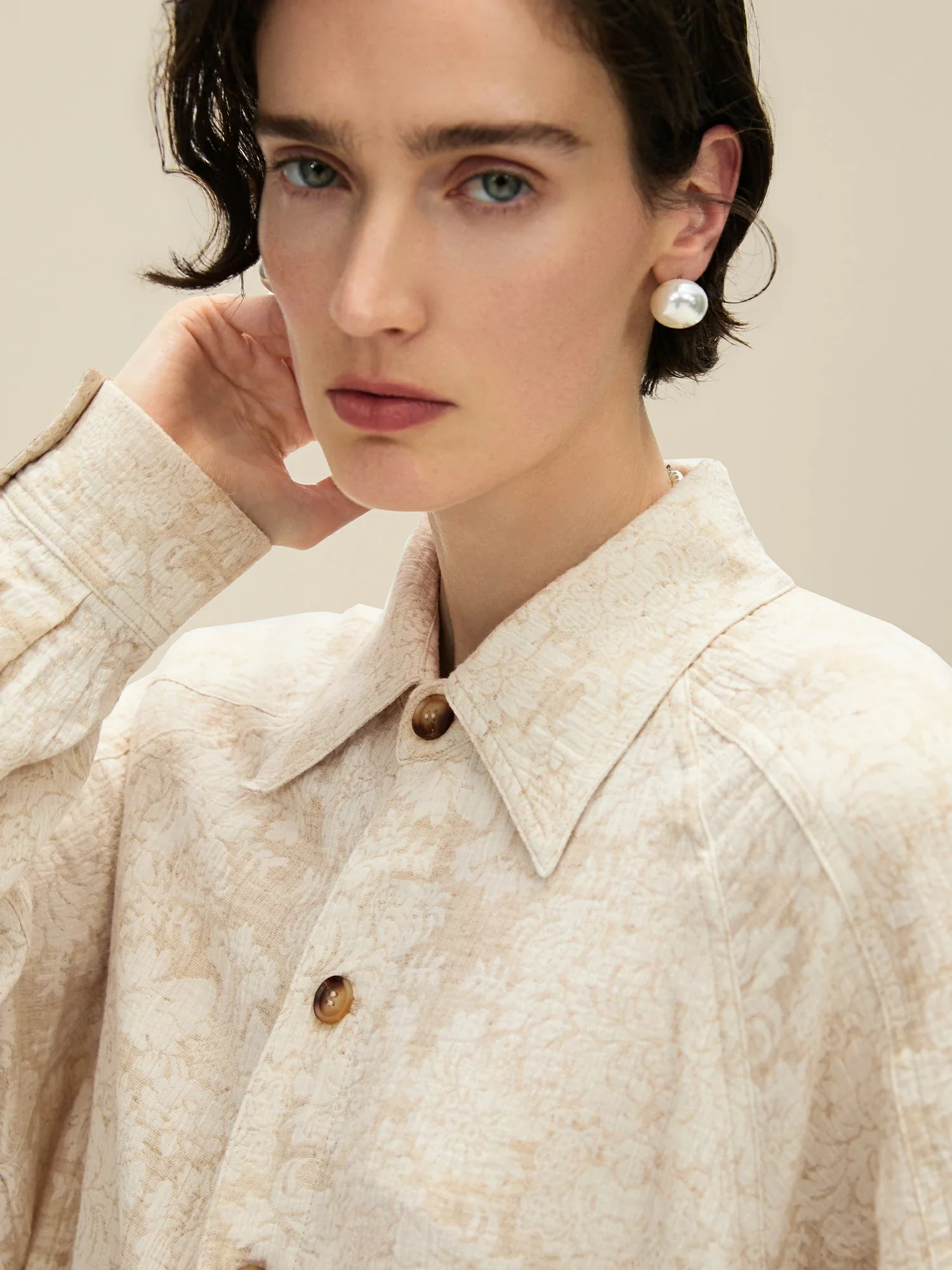 Cotton & Linen Lapel Long Sleeve Jacquard Blouse