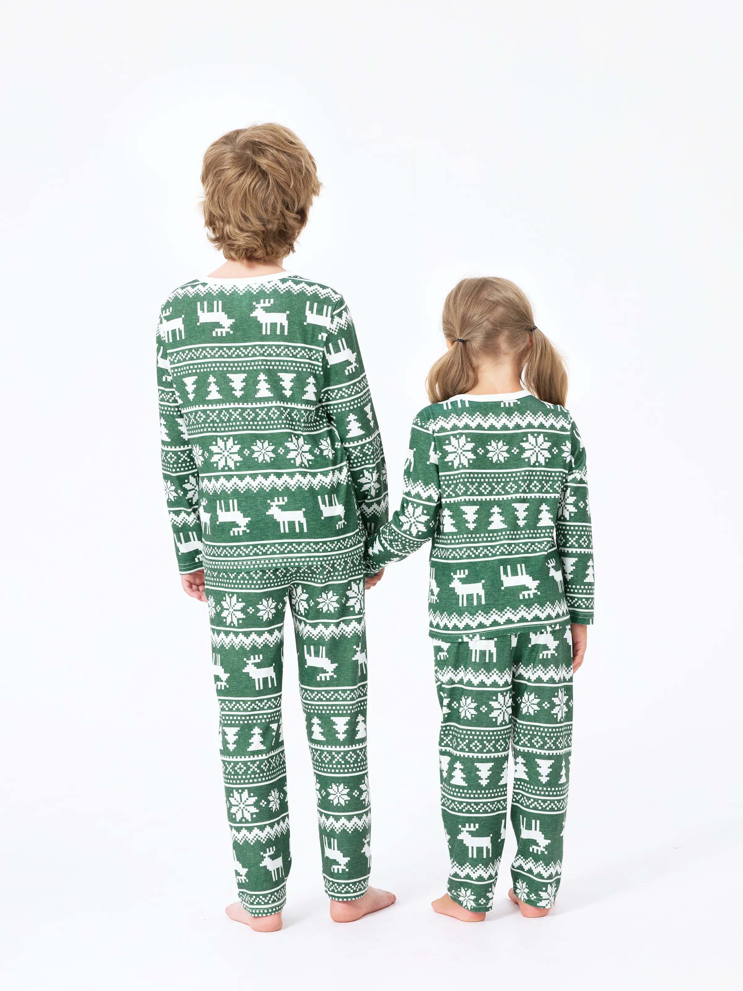 Christmas Matching Family Pajamas Set Reindeer and Snowflake Green Print PJS with Christmas Socks Dark Green