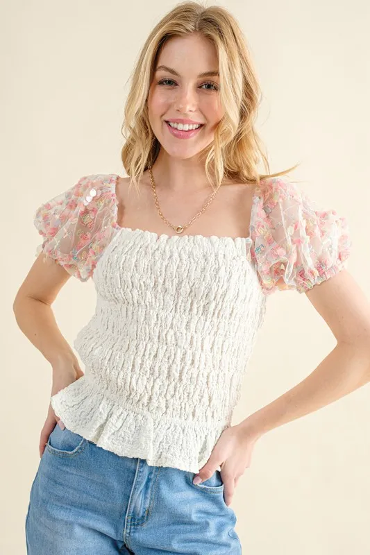 Embellishment Sleeve Smocked Top