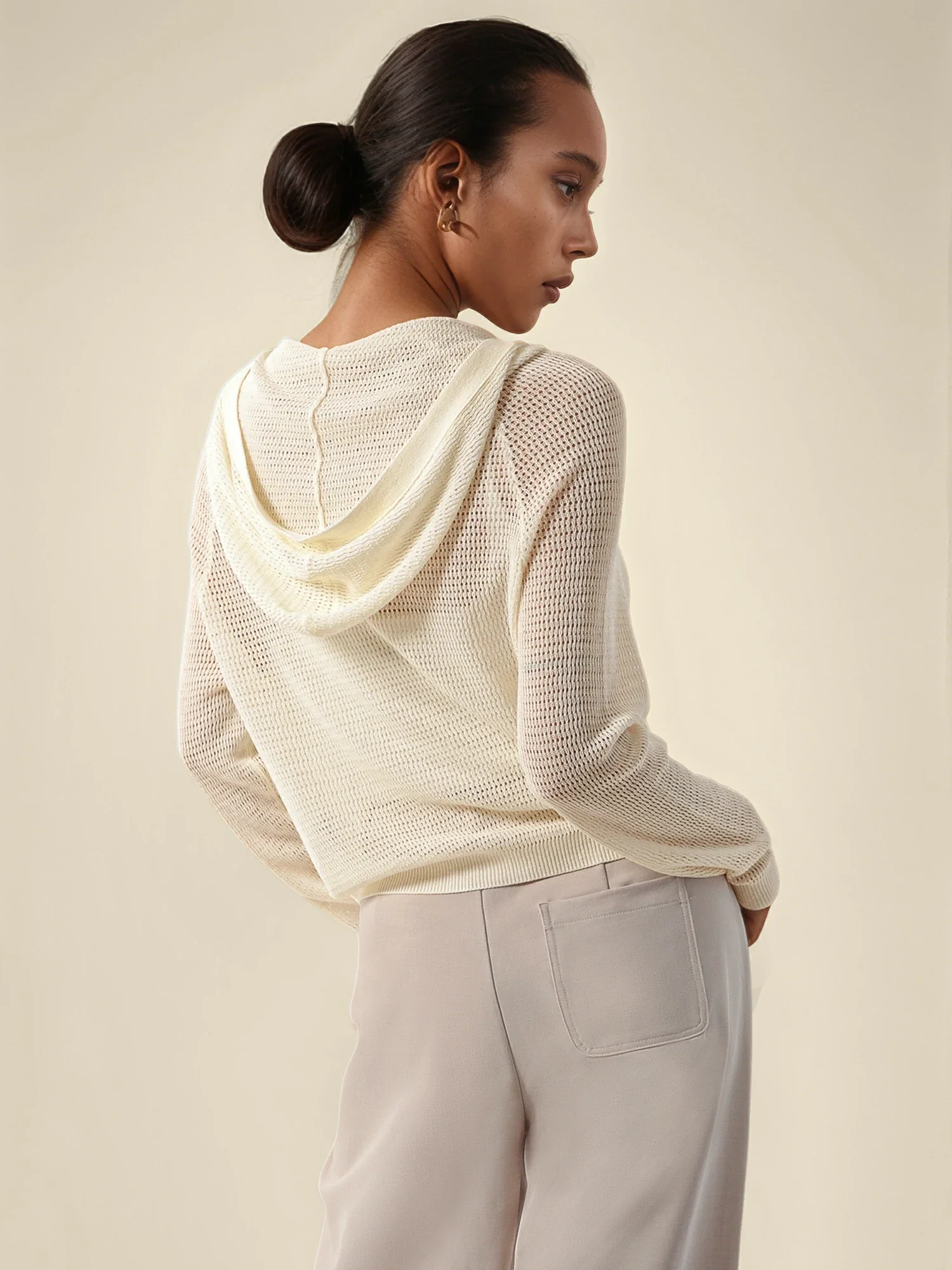 Linen & Lyocell Hooded Long Sleeve Hollow Cardigan