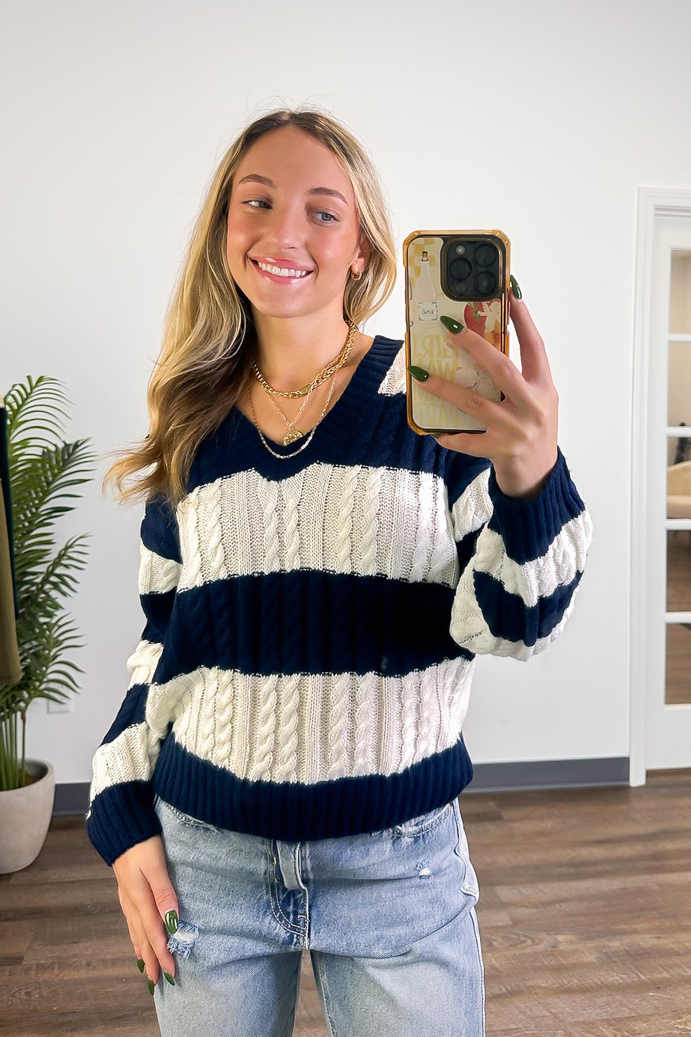 V-Neck Striped Cable Knit Sweater