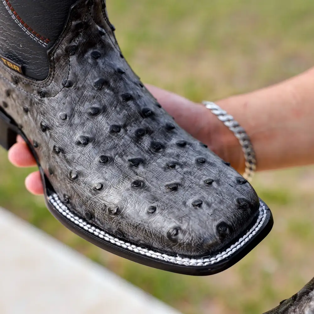 Grey Ostrich Leather Boots - Square Toe