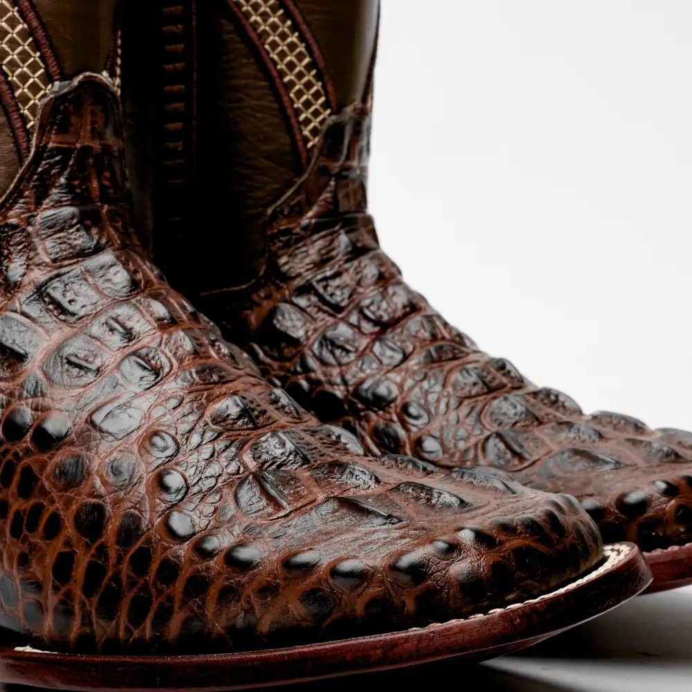 Brown Caiman Neck Leather Boots - Square Toe