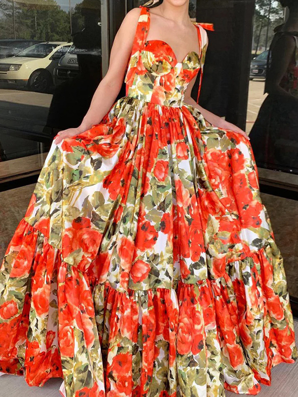 Flower Printed Sleeveless Bandage Spaghetti-Neck Elegant Maxi Dresses