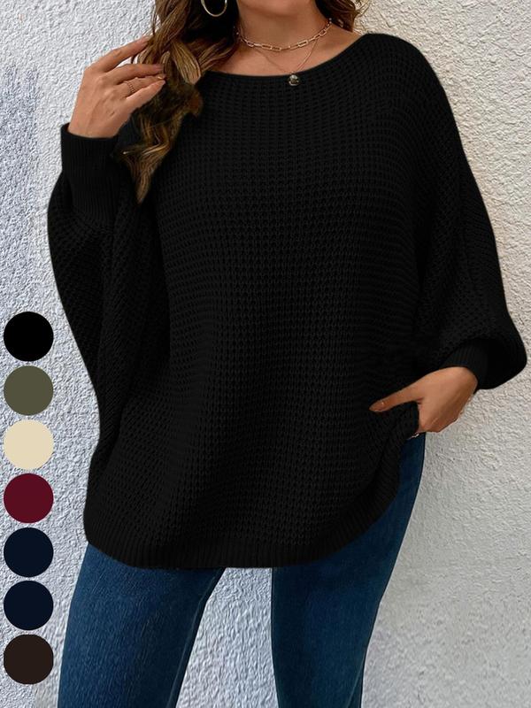 Women's Solid Color Knitted Boat Neck Batwing Sleeve Casual Classic Elegant Pullover Sweater, Autumn/Winter Fall Outfit