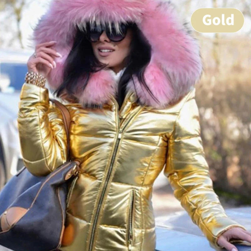Women's casual warm large fur collar hooded jacket