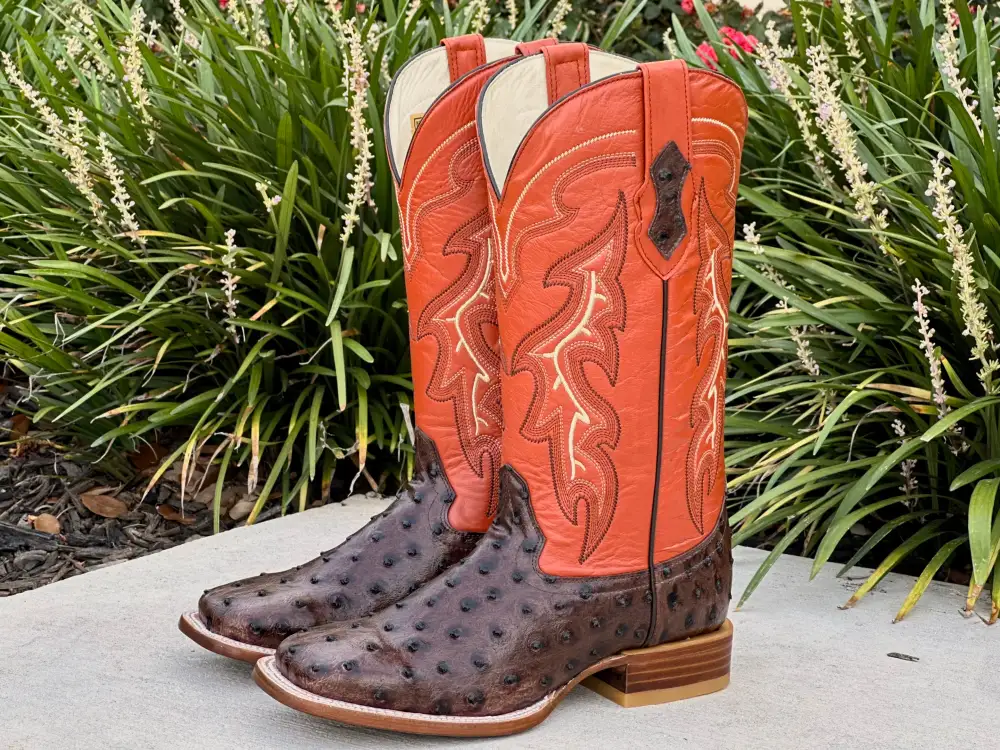 Mens Brown Ostrich Leather Boots With Orange Shaft