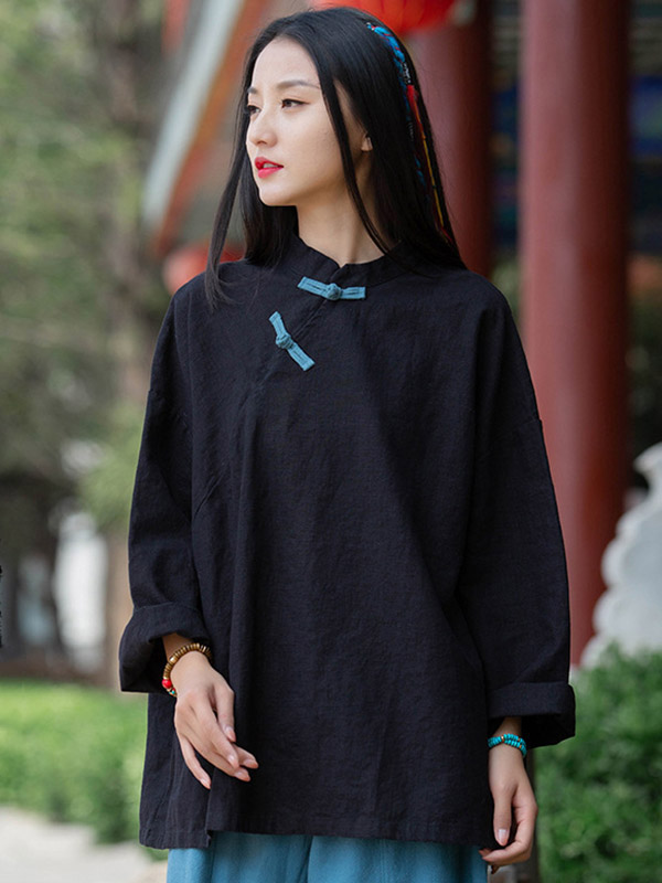Vintage Linen Frog Loose Long Sleeve Shirt Tops