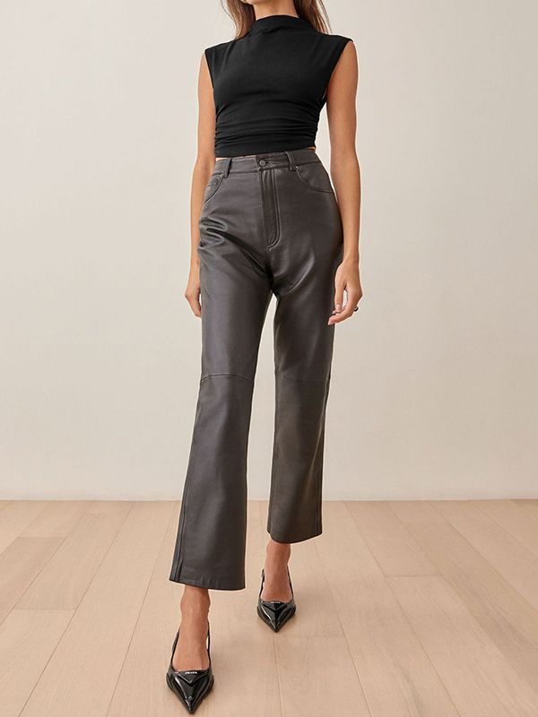 Pleated Solid Color Skinny Sleeveless Stand Collar Vest Top